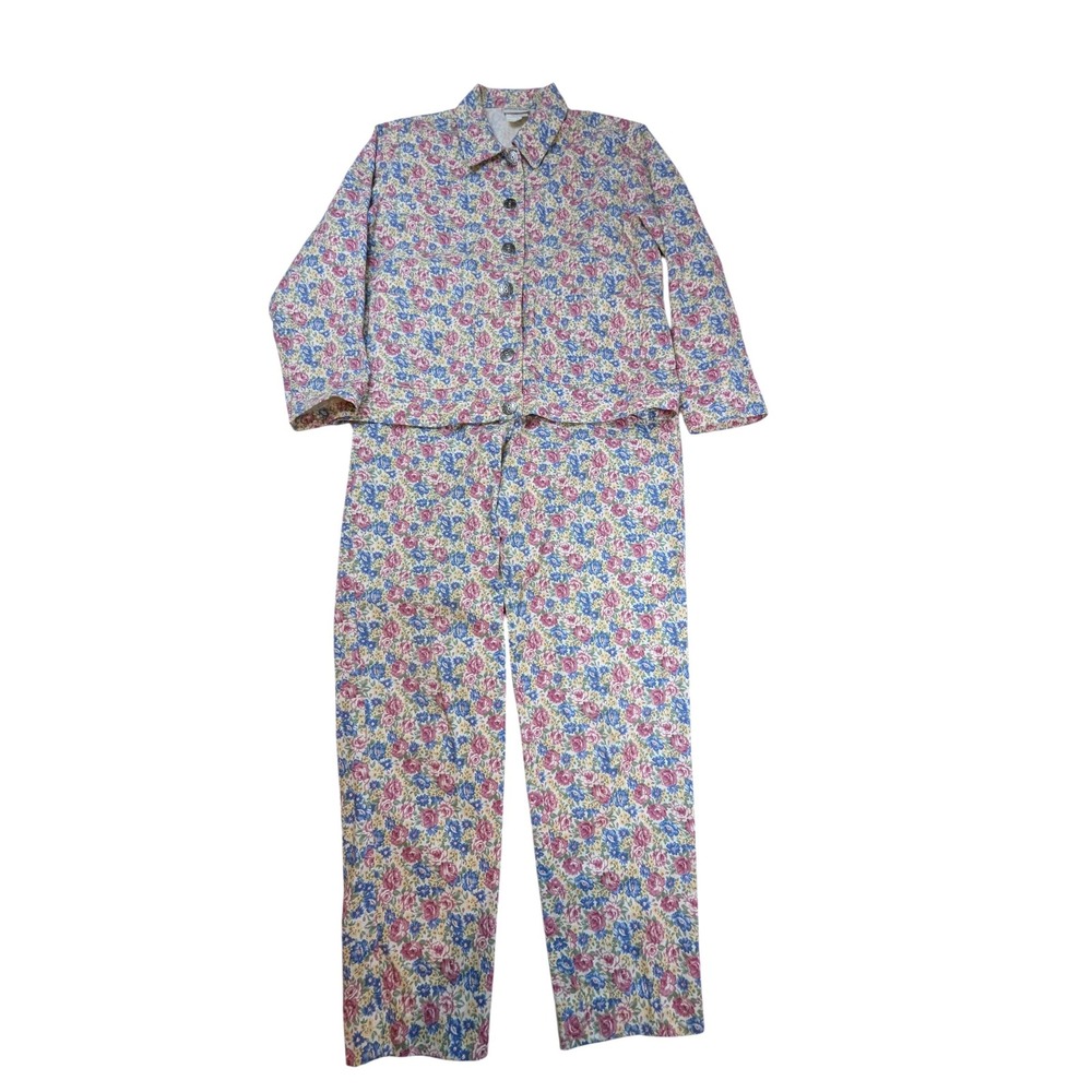 VTG Floral Cotton Pant‎ Suit Set Button Up Top & Pants – Women's M